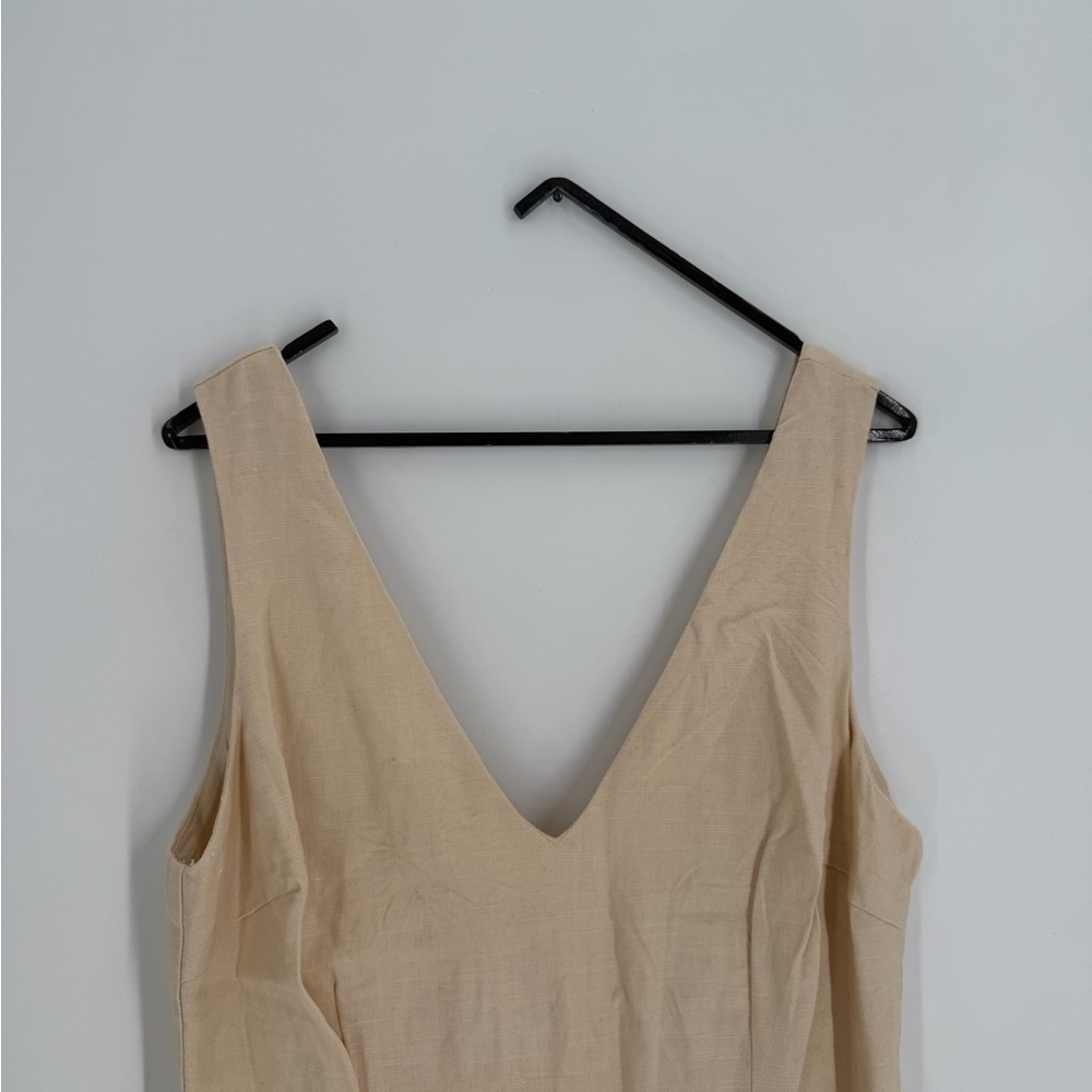 B. Right Linen Blend Beige V Neck Sleeveless Lower Back Minimalist Mini Dress